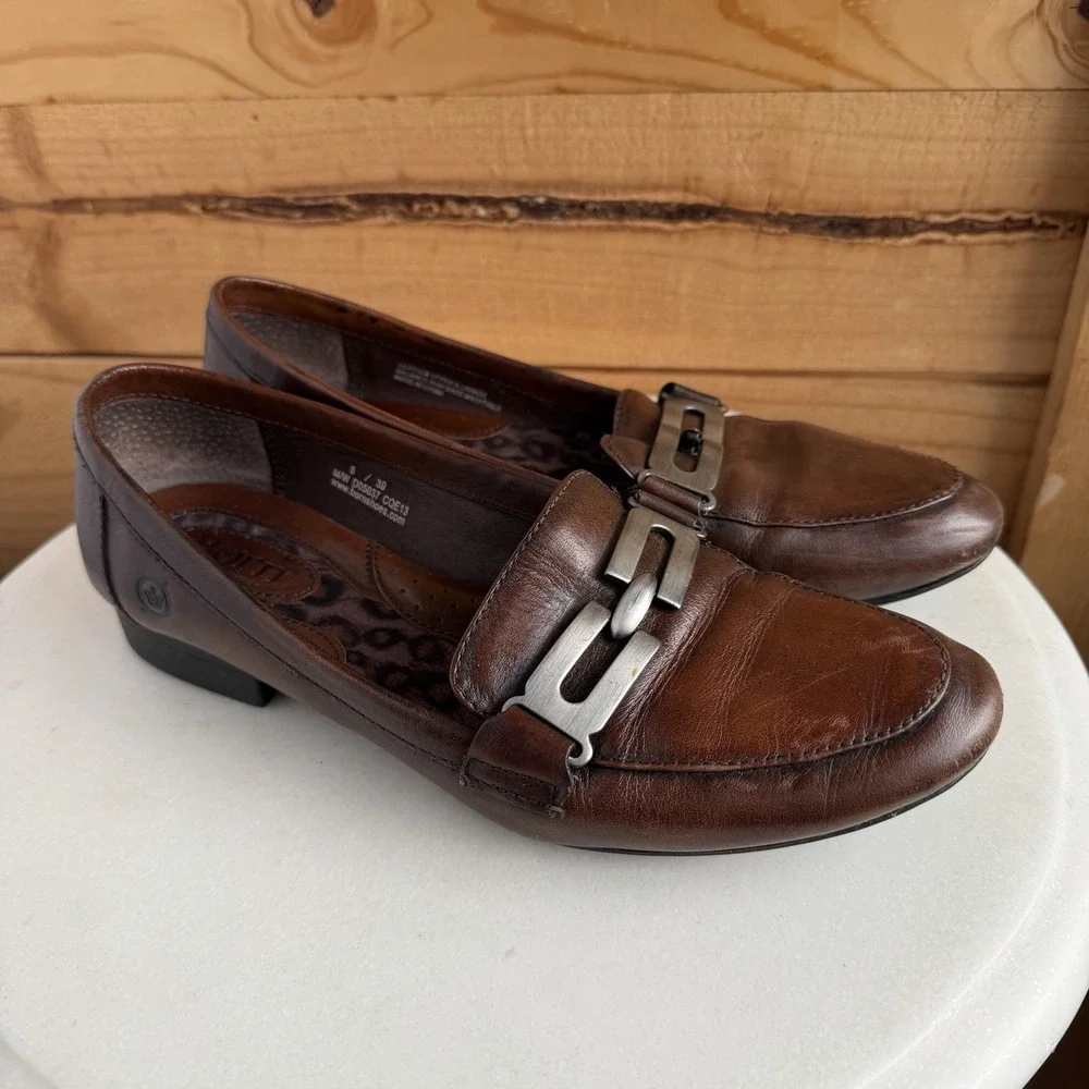 BORN Women's Orin Velluto Brown Leather Loafers 8/39 Flat‎ Shoe Slip On Comfort